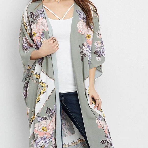 Maurices Flowy Kimono in Floral Print Green Size L/XL Boho - Picture 1 of 6